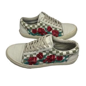 Vans Old Skool White Leather DX Rose Embroidery‎ Checkered Size M 10.5/W 12